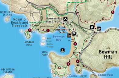 Deception Pass State Park map excerpt showing Rosario Beach and Bowman Bay