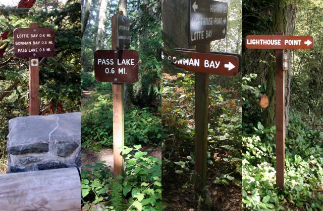 Sign along hiking path to Lighthouse Point in order you'll see them: trail head, turn left (go down hill) at Pass Lake sign, continue towards Lighthouse Point